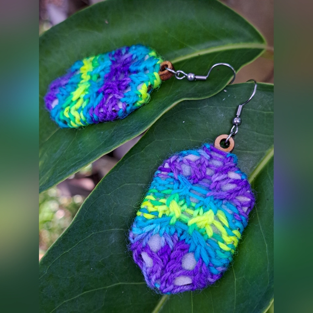 Knit Earrings Blue Purple Neon Yellow Hand Dyed Yarn Abstract Blue Cotton